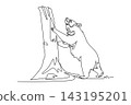Single one line drawing a wild bear animal standing on its hind legs and leaning against a tree trunk in nature, artistic modern sketch style. Continuous line draw design graphic vector illustration 143195201