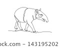 Single one line drawing wild tapir walking, portraying tropical rainforest wildlife, endangered species conservation, biodiversity protection. Continuous line draw design graphic vector illustration 143195202