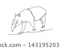 Single one line drawing animal tapir walking and foraging the ground. Endangered species conservation, biodiversity protection, jungle nature. Continuous line draw design graphic vector illustration 143195203
