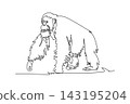 Single one line drawing a wild orangutan animal walking on all fours, portraying tropical rainforest wildlife, endangered species conservation. Continuous line draw design graphic vector illustration 143195204