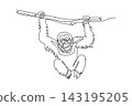 Single one line drawing wild orangutan animal hanging playfully from a tree branch. Endangered species conservation, exotic jungle biodiversity. Continuous line draw design graphic vector illustration 143195205