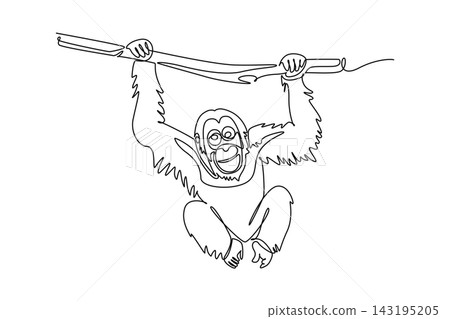 Single one line drawing wild orangutan animal hanging playfully from a tree branch. Endangered species conservation, exotic jungle biodiversity. Continuous line draw design graphic vector illustration Single one line drawing wild orangutan animal hanging playfully from a tree branch. Endangered species conservation, exotic jungle biodiversity. Continuous line draw design graphic vector illustration 143195205