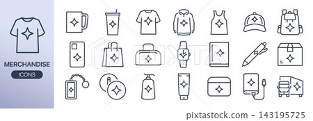 Merchandise line icon set. Includes t-shirt, mug, hoodie, cap, backpack, phone case, souvenir, OEM, print on demand, and more. Editable vector stroke. Merchandise line icon set. Includes t-shirt, mug, hoodie, cap, backpack, phone case, souvenir, OEM, print on demand, and more. Editable vector stroke. 143195725