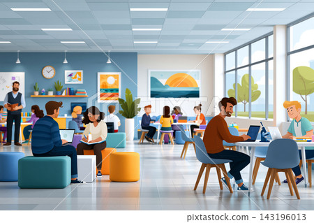 Concept showing modern classroom activity zone featuring a friendly teacher and diverse students Concept showing modern classroom activity zone featuring a friendly teacher and diverse students 143196013