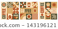 Abstract geometric coffee pattern with beans, drinks and simple bauhaus elements 143196121