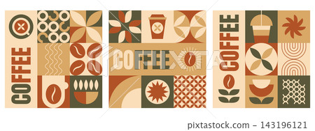 Abstract geometric coffee pattern with beans, drinks and simple bauhaus elements Abstract geometric coffee pattern with beans, drinks and simple bauhaus elements 143196121