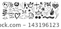 Hand drawn crayon kids doodle shapes, squiggles, freehand summer icons 143196123