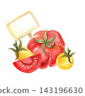 Red and yellow tomatoes of various varieties, isolated watercolor composition. Hand-drawn illustration of juicy, ripe vegetables for store, food product, and packaging design. 143196630