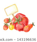 Red and yellow tomatoes, isolated watercolor composition. Illustration of juicy, ripe vegetables, hand-drawn for grocery store, market, or packaging design. 143196636