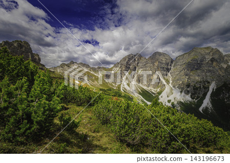 Mountain landscape with alpine vegetation and rugged peaks 143196673