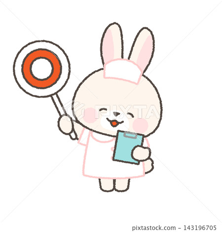 一隻白色的兔子護士拿著一個有圓圈的標籤 一隻白色的兔子護士拿著一個有圓圈的標籤 143196705