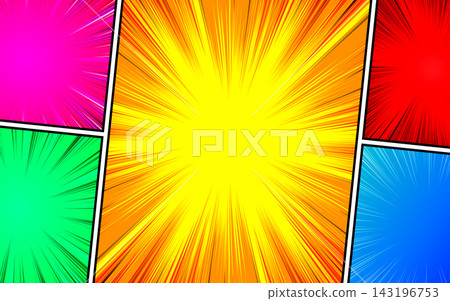 Pop art style comic book page template. Colorful background with radial and halftone effects. 143196753