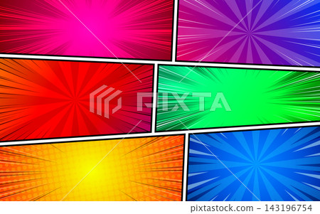Pop art style comic book page template. Colorful background with radial and halftone effects. Pop art style comic book page template. Colorful background with radial and halftone effects. 143196754