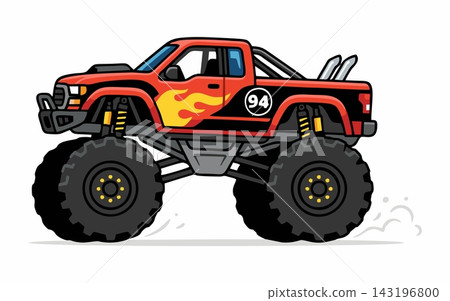 Red Monster Truck Vector Illustration with Flame Decal Side View Red Monster Truck Vector Illustration with Flame Decal Side View 143196800