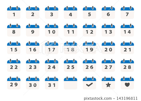 Calendar date icon set: 1-31 days with simple designs of checkmarks, stars, and hearts. Calendar date icon set: 1-31 days with simple designs of checkmarks, stars, and hearts. 143196811