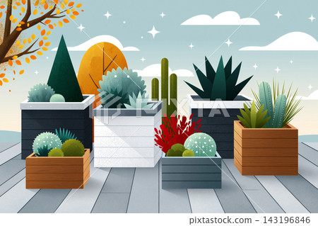 Digital drawing of premium outdoor landscape planters with rugged texture, thick rims and clean 143196846