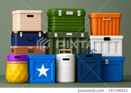 depicting premium outdoor storage container assortment with rugged weatherproof construction, depicting premium outdoor storage container assortment with rugged weatherproof construction, 143196852