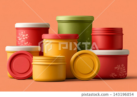Modern artwork of premium reusable waterproof containers displayed with open and closed lids to Modern artwork of premium reusable waterproof containers displayed with open and closed lids to 143196854