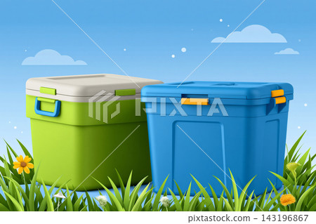 Creative concept: premium weather-resistant outdoor containers with locking lids and ergonomic side Creative concept: premium weather-resistant outdoor containers with locking lids and ergonomic side 143196867