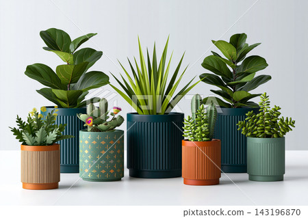 Digital drawing of premium weatherproof garden planter assortment with contemporary industrial Digital drawing of premium weatherproof garden planter assortment with contemporary industrial 143196870