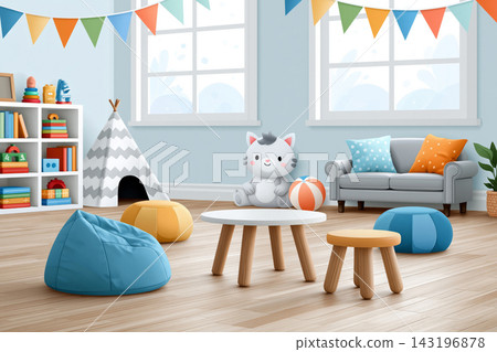 Modern artwork of preschool interactive learning area with activity centers, colorful educational Modern artwork of preschool interactive learning area with activity centers, colorful educational 143196878