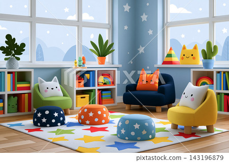 Creative concept: preschool interactive learning area with activity centers, colorful educational Creative concept: preschool interactive learning area with activity centers, colorful educational 143196879