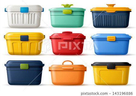 Concept showing reusable waterproof kitchen storage containers with locking mechanisms, isolated 143196886