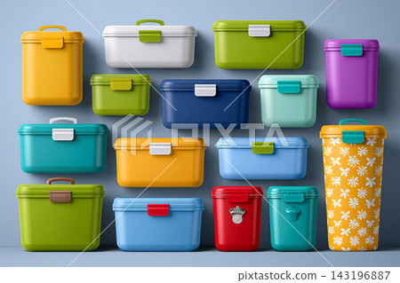 Reusable waterproof lunch container collection with colorful locking clips, bright studio lighting, Reusable waterproof lunch container collection with colorful locking clips, bright studio lighting, 143196887
