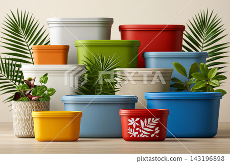 Reusable waterproof storage container collection in assorted sizes, organized product lineup, 143196898