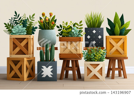 Rugged garden planter assortment displayed from multiple angles with reinforced construction and Rugged garden planter assortment displayed from multiple angles with reinforced construction and 143196907