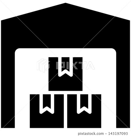 Glyph style icon illustration of a storage warehouse building filled with stacked cardboard boxes isolated on transparent background. Black solid silhouette design element. Glyph style icon illustration of a storage warehouse building filled with stacked cardboard boxes isolated on transparent background. Black solid silhouette design element. 143197093