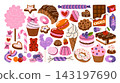 Cartoon illustrations of delicious treats and a variety of sweets. Cakes, desserts, cupcakes, macarons, cookies, croissant, candy canes, lollipops, gums, marmalade, wrapped candies, chocolate and ect. 143197690