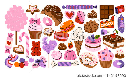 Cartoon illustrations of delicious treats and a variety of sweets. Cakes, desserts, cupcakes, macarons, cookies, croissant, candy canes, lollipops, gums, marmalade, wrapped candies, chocolate and ect. Cartoon illustrations of delicious treats and a variety of sweets. Cakes, desserts, cupcakes, macarons, cookies, croissant, candy canes, lollipops, gums, marmalade, wrapped candies, chocolate and ect. 143197690