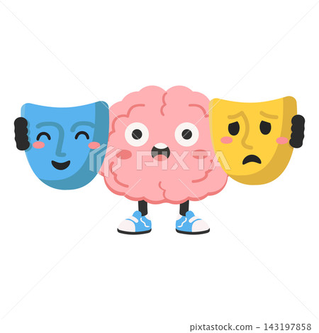 Human Brain Character Holding Happy and Sad Masks Mental Health Concept Illustration Human Brain Character Holding Happy and Sad Masks Mental Health Concept Illustration 143197858