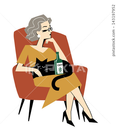 Elegant elderly woman with black cat and absinthe bottle vector illustration. Sophisticated senior lady with gray hair sitting in armchair and relaxing. Elegant elderly woman with black cat and absinthe bottle vector illustration. Sophisticated senior lady with gray hair sitting in armchair and relaxing. 143197952
