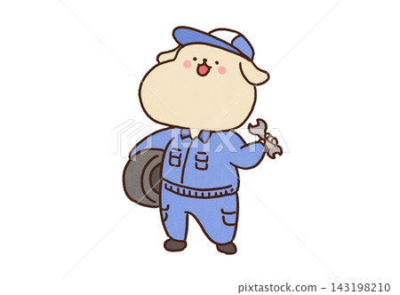 A dog (Retriever) dressed in work clothes, holding a tire and a wrench, dressed as a car mechanic. A dog (Retriever) dressed in work clothes, holding a tire and a wrench, dressed as a car mechanic. 143198210