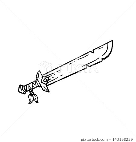Sword outline doodle, black white line art tribal blade tassel, barbarian weapon. Fantasy rpg battle gear sketch, medieval warrior steel. Sword outline art emblem 143198239