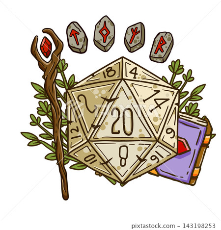 D20 dice with magic staff, floating runes and spellbook. Fantasy rpg tabletop game wizard magic ancient element. D20 dice set D20 dice with magic staff, floating runes and spellbook. Fantasy rpg tabletop game wizard magic ancient element. D20 dice set 143198253