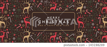 christmas card with deer berry star gift and snowflake pattern vector illustration christmas card with deer berry star gift and snowflake pattern vector illustration 143198289
