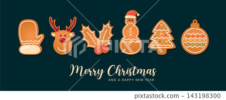 christmas greeting card with cookies gingerbread set sweet decoration vector illustration christmas greeting card with cookies gingerbread set sweet decoration vector illustration 143198300