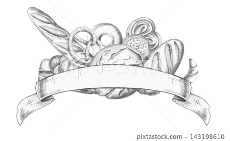 Pencil drawing of baked goods with a ribbon for text. An isolated illustration for decorating bakeries, cafes, food delivery services, kitchen textiles, menus, logos, and culinary blogs. Pencil drawing of baked goods with a ribbon for text. An isolated illustration for decorating bakeries, cafes, food delivery services, kitchen textiles, menus, logos, and culinary blogs. 143198610