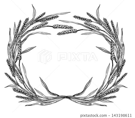 Vector illustration of an oval frame made of wheat ears. Suitable for bakery and agricultural firm branding, invitation designs, restaurant menus, packaging, agricultural festivals, and flour brands. Vector illustration of an oval frame made of wheat ears. Suitable for bakery and agricultural firm branding, invitation designs, restaurant menus, packaging, agricultural festivals, and flour brands. 143198611