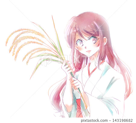 A shrine maiden holding rice A shrine maiden holding rice 143198682