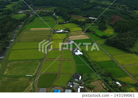 Aerial photograph capturing the rural landscape of Takaharu Town, Miyazaki Prefecture. Aerial photograph capturing the rural landscape of Takaharu Town, Miyazaki Prefecture. 143199061