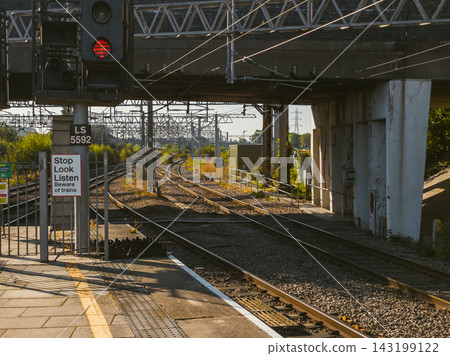 Red Railway Signal at an English Train Station Signaling Stop and Safety Red Railway Signal at an English Train Station Signaling Stop and Safety 143199122