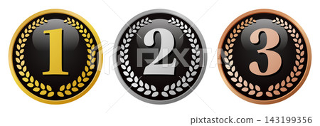 Black, gold, silver, and bronze medal set for 1st, 2nd, and 3rd place. High-quality ranking badge material. Black, gold, silver, and bronze medal set for 1st, 2nd, and 3rd place. High-quality ranking badge material. 143199356
