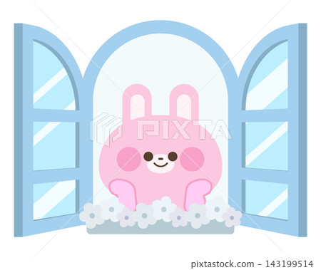 A cute rabbit resting its chin on its hand in the window (with a flower bed) A cute rabbit resting its chin on its hand in the window (with a flower bed) 143199514
