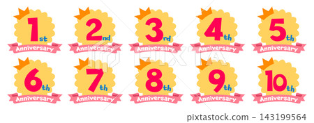一組可愛的周年紀念徽章，涵蓋1週年至10週年，採用流行設計。 143199564