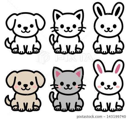 Cute dog, cat, and rabbit illustration icon set | Simple line art & color animal characters Cute dog, cat, and rabbit illustration icon set | Simple line art & color animal characters 143199740