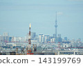 煉油廠噴吐火焰的煙囪和東京晴空塔。 143199769